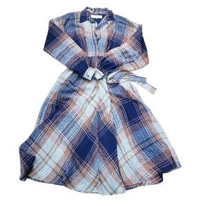 Vintage Norma Kamali 80s Linen Blue Plaid Fit & Flare Midi Dress Classic Y2K-Sz4